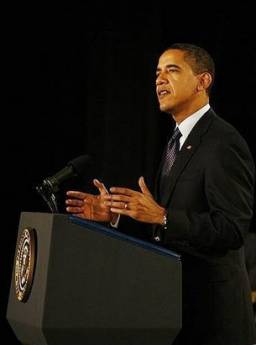 President Barack Obama speaks to the 114th Recruit Class of the Columbus Police Department at the Aladdin Shrine Center in Columbus, Ohio on March 6, 2009. The recruits are an early result of Obama's economic and employment stimulus initiatives.