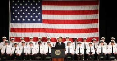 President Barack Obama speaks to the 114th Recruit Class of the Columbus Police Department at the Aladdin Shrine Center in Columbus, Ohio on March 6, 2009. The recruits are an early result of Obama's economic and employment stimulus initiatives.