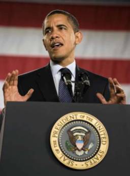 President Barack Obama speaks to the 114th Recruit Class of the Columbus Police Department at the Aladdin Shrine Center in Columbus, Ohio on March 6, 2009. The recruits are an early result of Obama's economic and employment stimulus initiatives.
