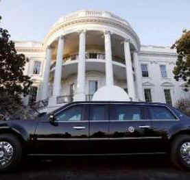 President Obama's limousine known as "The Beast" sits outside the South Portico of the White House after Obama's return.