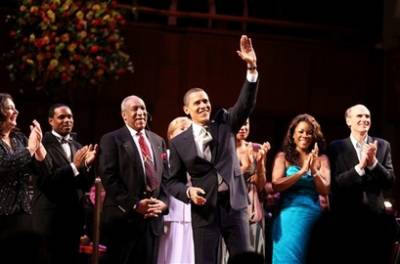 President Obama surprised the audience when he joined entertainers onstage to sing Happy Birthday to Senator Kennedy who attended with his wife Victoria.