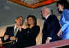 President Obama surprised the audience when he joined entertainers onstage to sing Happy Birthday to Senator Kennedy who attended with his wife Victoria (right).