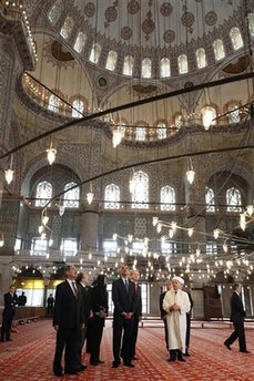 President Barack Obama and Turkish PM Erdogan tour the Ottoman era Sultanahmet Mosque known as the Blue Mosque.