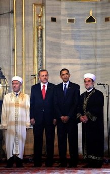 President Barack Obama and Turkish PM Erdogan tour the Ottoman era Sultanahmet Mosque known as the Blue Mosque.