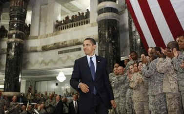US President Obama greets troops and military personnel before speaking at Camp Victory in Baghdad, Iraq on April 7, 2009.