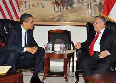President Barack Obama meets with Iraq's President Jalal Talabani.