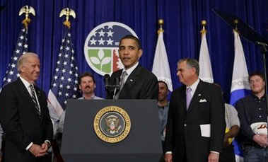 President Barack Obama speaks on the progress of his $48 billion stimulus plan for transportation infrastructure. President Obama was joined by Transportation Secretary Ray LaHood and Vice President Joe Biden at the Department of Transportation.