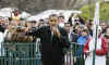 President Obama whistles the start of the the race. The Obama family celebrated Easter by participating in the traditional White House Easter Egg Roll event on the South Lawn of the White House.