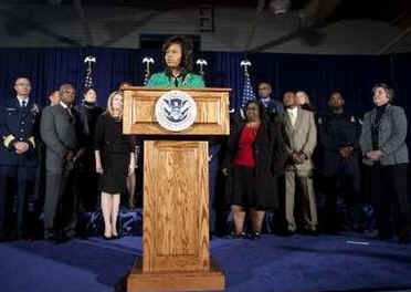 First Lady Michelle Obama speaks at the Department of Homeland Security