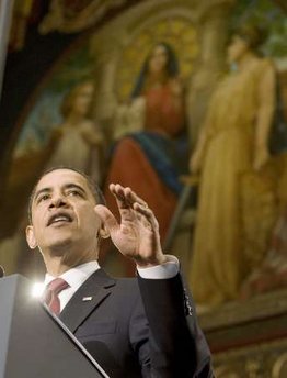 President Barack Obama remarks on the economy in Gaston Hall at Georgetown University in Washington, DC on April 14, 2009.