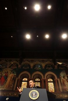 President Barack Obama remarks on the economy in Gaston Hall at Georgetown University in Washington, DC on April 14, 2009.