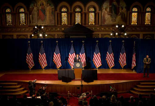 President Barack Obama remarks on the economy in Gaston Hall at Georgetown University in Washington, DC on April 14, 2009.
