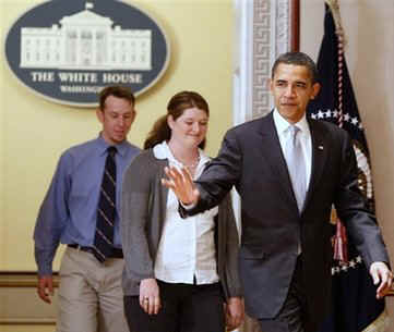 President Barack Obama meets with us taxpayers then holds a press conference in the Roosevelt Room of the White House to discuss tax policies.