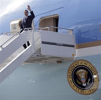 President Barack Obama arrives on Air Force One at Port of Spain airport in Trinidad and Tobago on April 17, 2009.