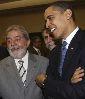 President Obama talks with Brazil's President Luiz Inacio Lula da Silva.