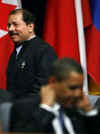 President Barack Obama applauds after Nicaragua's President Ortega speaks (background).