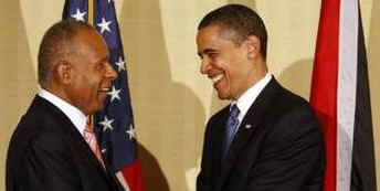 President Barack Obama and US Secretary of State Hillary Clinton at the CARICOM meetings in Port of Spain, Trinidad & Tobago on April 17, 2009. President Obama shakes hands with host PM Manning.