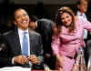 President Barack Obama laughs with El Salvador's Foreign Minister Arguetta at the First Plenary Session of the 5th Summit of the Americas.