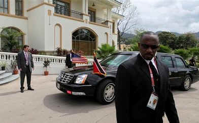 President Barack Obama arrives in his presidential limo "The Beast" to attend a multilateral meeting of Central American leaders.