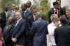 President Barack Obama says good bye to his fellow heads of state at the group photo session at the conclusion of the 5th Summit of the Americas.