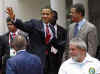 President Barack Obama says good bye to his fellow heads of state at the group photo session at the conclusion of the 5th Summit of the Americas.