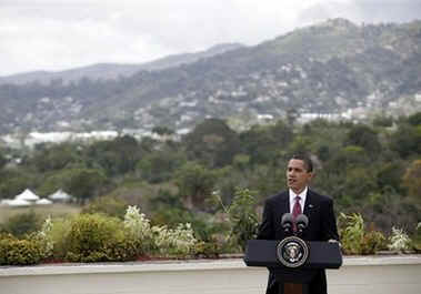 President Obama speaks at a news conference on the rooftop of his hotel in Port of Spain, Trinidad and Tobago on April 19, 2009.