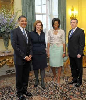 President Barack Obama and First Lady Michelle Obama with UK PM Gordon Brown and his wife Sarah.