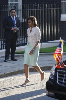 President Barack Obama and First Lady Michelle Obama are greeted by UK PM Gordon Brown and his wife Sarah at 10 Downing Street.