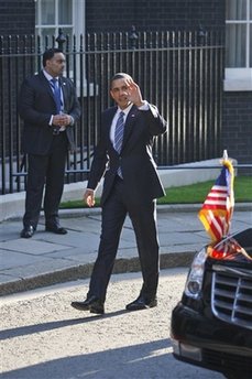 President Barack Obama and First Lady Michelle Obama are greeted by UK PM Gordon Brown and his wife Sarah at 10 Downing Street.