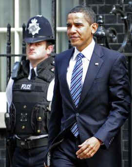 President Barack Obama and PM Gordon Brown leave 10 Downing Street after joint meeting and walk to the Foreign and Commonwealth Office building to hold a joint news conference.