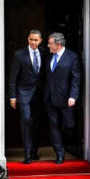 President Barack Obama and PM Gordon Brown leave 10 Downing Street after joint meeting and walk to the Foreign and Commonwealth Office building to hold a joint news conference.