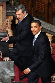 President Barack Obama and UK PM Gordon Brown on their way to a joint news conference in the Foreign and Commonwealth Office building in London.