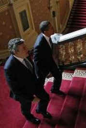 President Barack Obama and UK PM Gordon Brown on their way to a joint news conference in the Foreign and Commonwealth Office building in London.