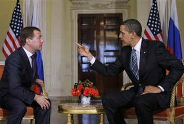 US President Barack Obama meets with Russian President Dmitry Medvedev at Winfield House in London.