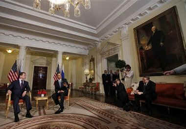 US President Barack Obama meets with Russian President Dmitry Medvedev at Winfield House in London.