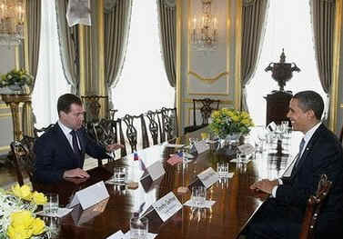 US President Barack Obama meets with Russian President Dmitry Medvedev at Winfield House in London.