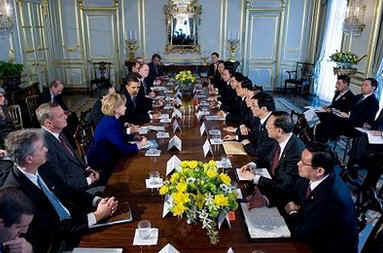 President Barack Obama, Secretary of State Hillary Clinton, Treasury Secretary Tim Geithner and other key US senior officials meet with China's President Hu Jintao and Chinese officials at Winfield House in London.