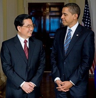 President Barack Obama, Secretary of State Hillary Clinton, Treasury Secretary Tim Geithner and other key US senior officials meet with China's President Hu Jintao and Chinese officials at Winfield House in London.