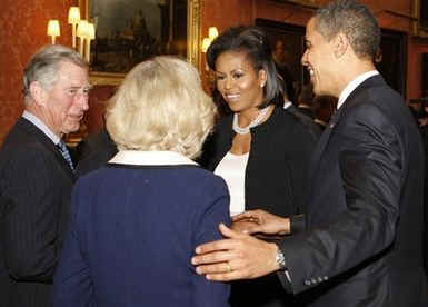 The President and First Lady meet Prince Charles and his wife Camilla during the Buckingham Palace reception.