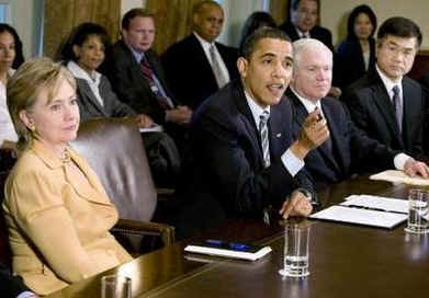 President Barack Obama holds his first cabinet meeting in the Cabinet Room of the White House on April 20, 2009.