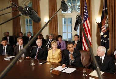 President Barack Obama holds his first cabinet meeting in the Cabinet Room of the White House on April 20, 2009.