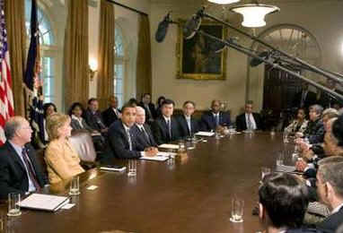 President Barack Obama holds his first cabinet meeting in the Cabinet Room of the White House on April 20, 2009.