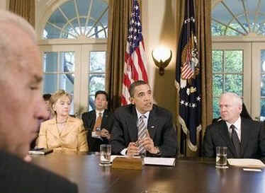 President Barack Obama holds his first cabinet meeting in the Cabinet Room of the White House on April 20, 2009.