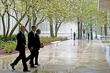 CIA Director Leon Panetta and Deputy Director Stephen Kappes joined President Obama on the stage and after Obama's remarks.