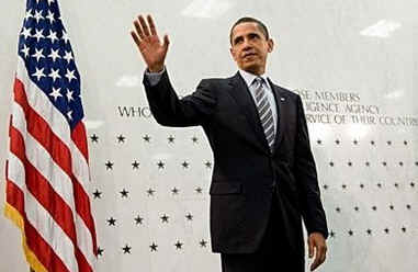 President Barack Obama speaks to CIA employees at CIA Headquarters in Langley, Virginia on April 20, 2009.