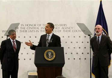 CIA Director Leon Panetta and Deputy Director Stephen Kappes joined President Obama on the stage and after Obama's remarks.