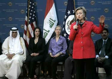 Secretary Hillary Clinton speaks to Iraqi citizens and US Embassy staff in Baghdad before leaving Iraq.