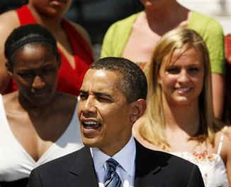 President Barack Obama attends a ceremony honoring the NCAA Division 1 Basketball Champions from the University of Connecticut in front of the South Portico of the White House on April 27, 2009.