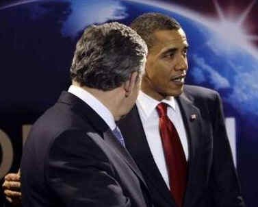 President Barack Obama arrives at the Excel Centre in London and is greeted by the UK PM Gordon Brown the host of the 009 London G20 Summit on April 2, 2009.