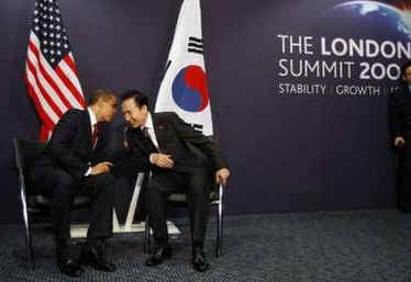 President Barack Obama meets with South Korean President Lee Myung-bak at the Excel Centre in London 